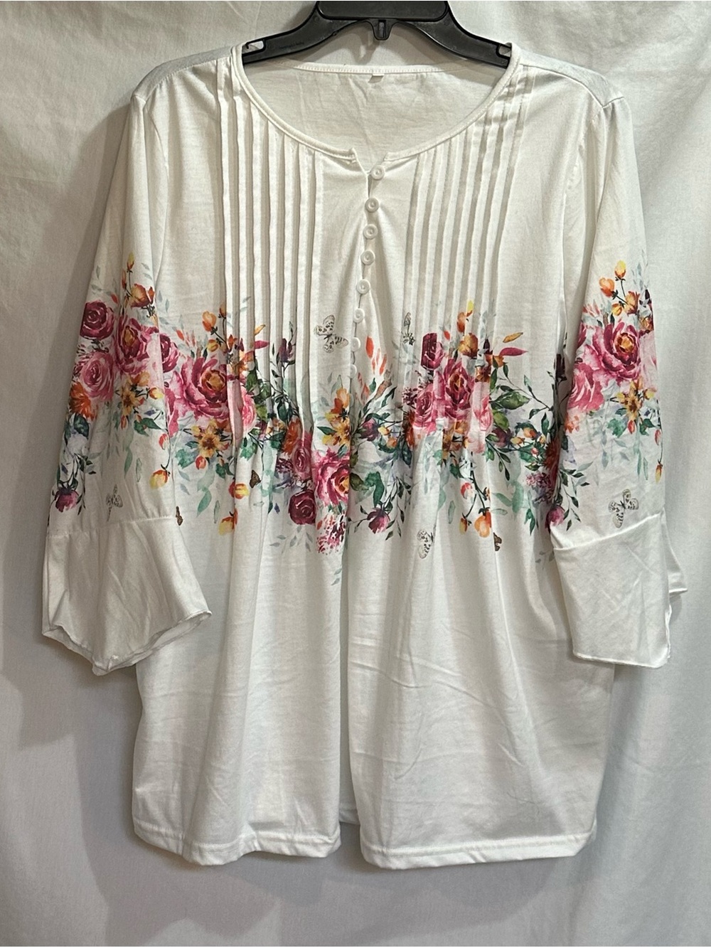 White Floral Blouse with Flowers and Butterflies. Pleading and Buttons.